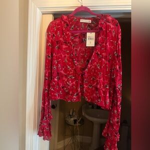 Faithfull the Brand Red Floral Tie-Front Ruffle Blouse